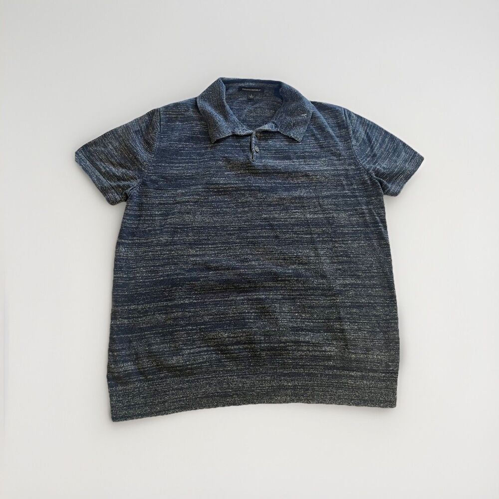 Banana Republic Polo Shirt Blue Gray L Cotton Linen Knit Short Sleeve Collared